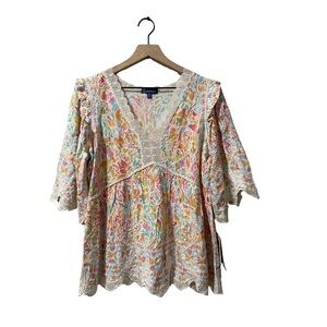 NWT Democracy Floral Eyelet Embroidery Ruffle 3/4 Flare Sleeve Blouse Medium